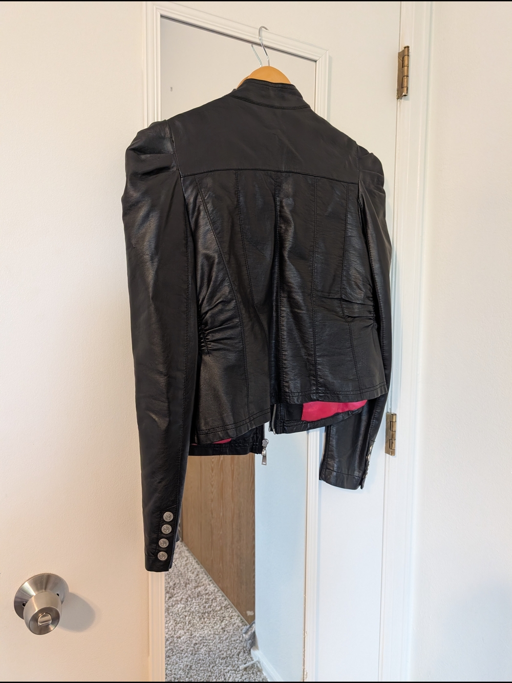 Black Faux Leather Women’s Motorcycle Jacket with Pink Lining Size XL - Picture 6 of 8